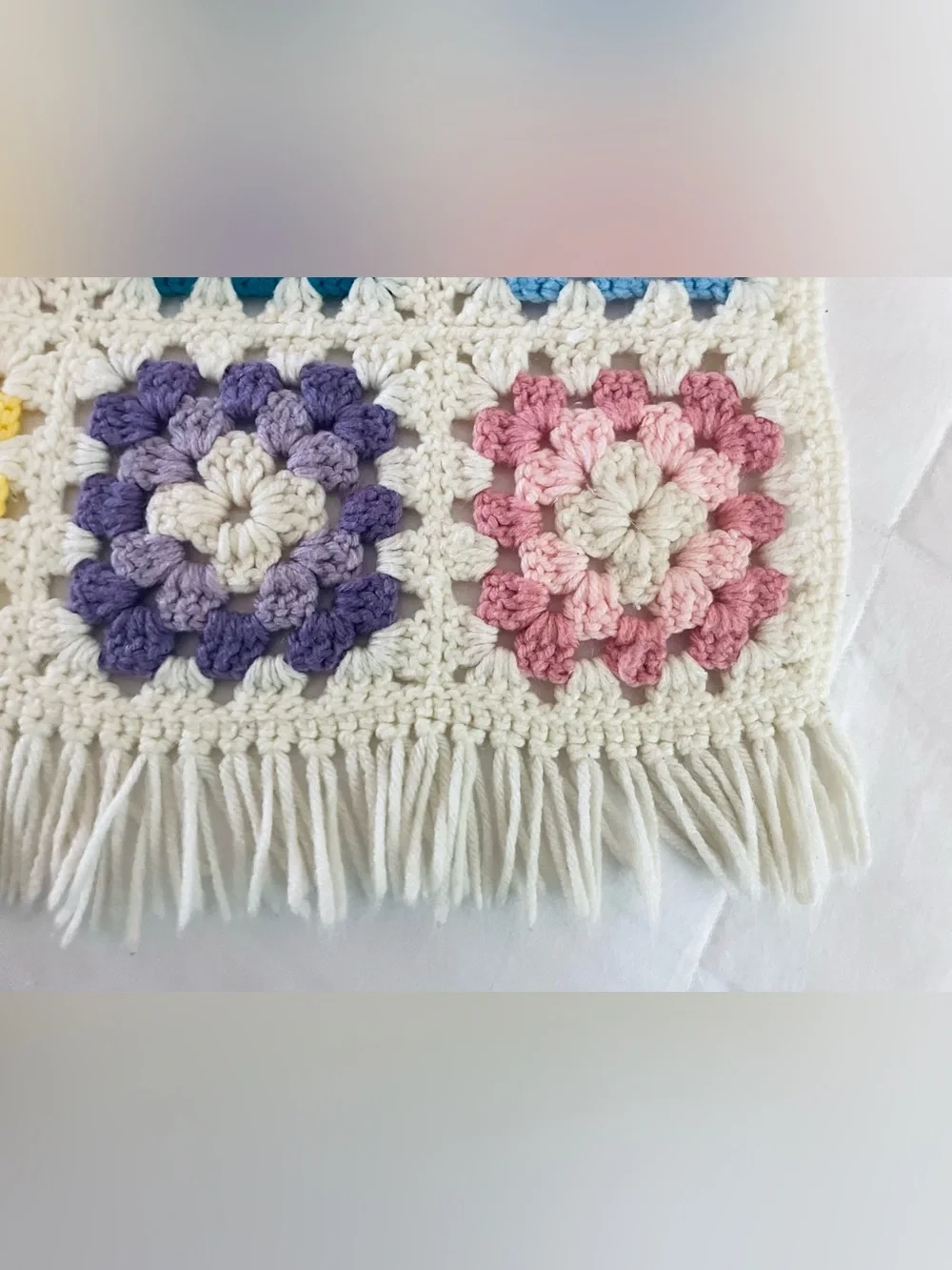 Vintage Handmade Crochet Granny Square Throw Blanket Pastels Fringed 40x78